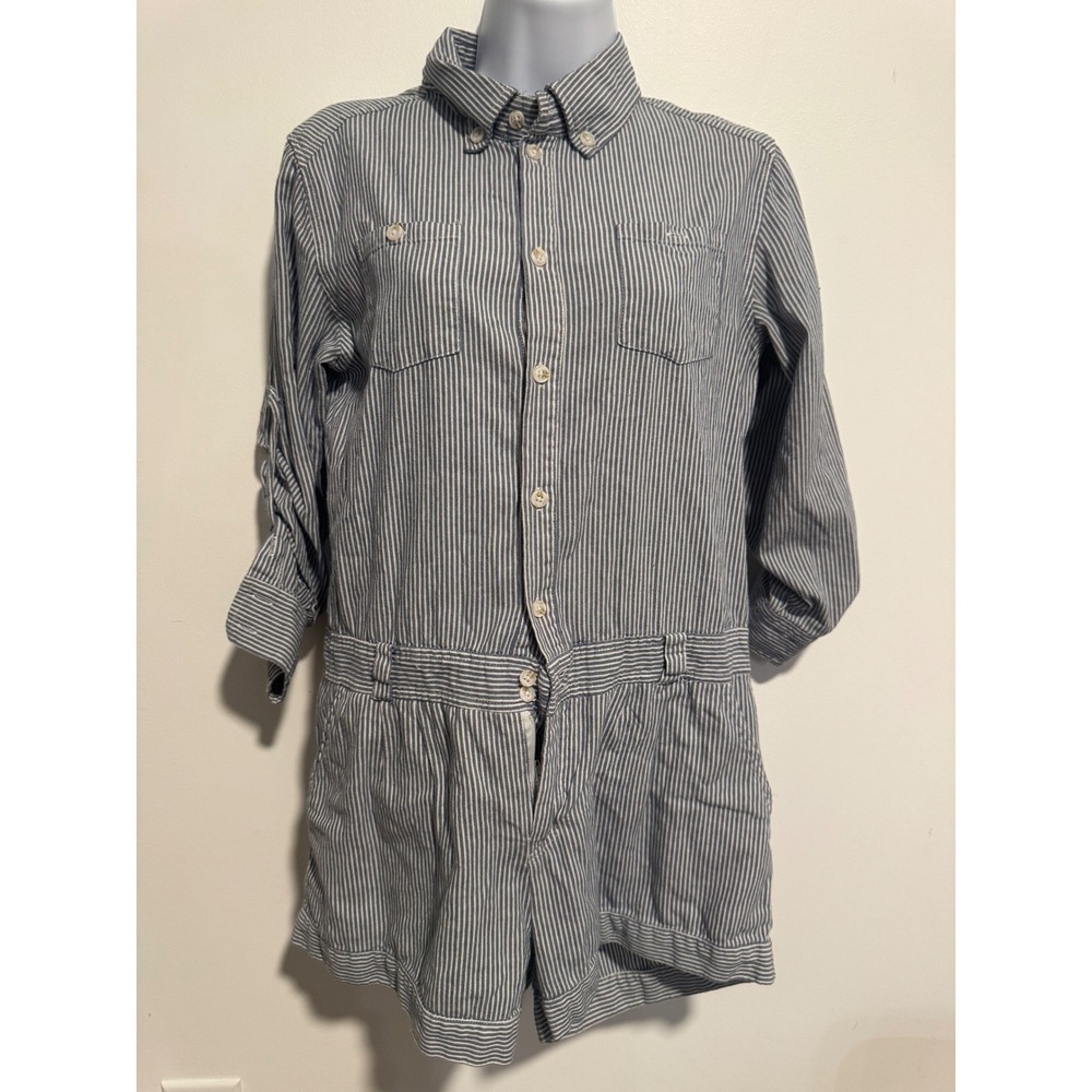 Afternoon Blue White Striped Cotton Button Front Utility Romper Womens Small